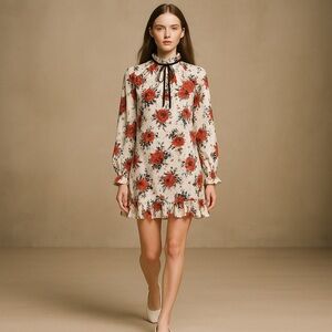 Mother of Pearl Silk Long Sleeve High Neck Tie Detail Ruffle Hem Mini Dr…